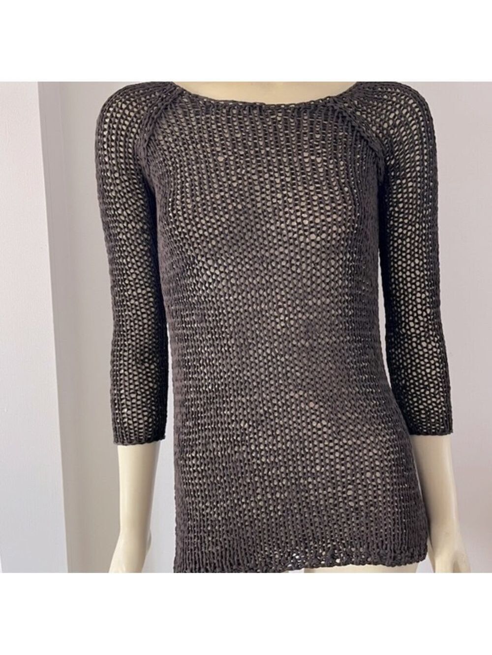Theory Women’s Chocolate Brown Nimue Space Deep V Back Crochet Sweater XS
